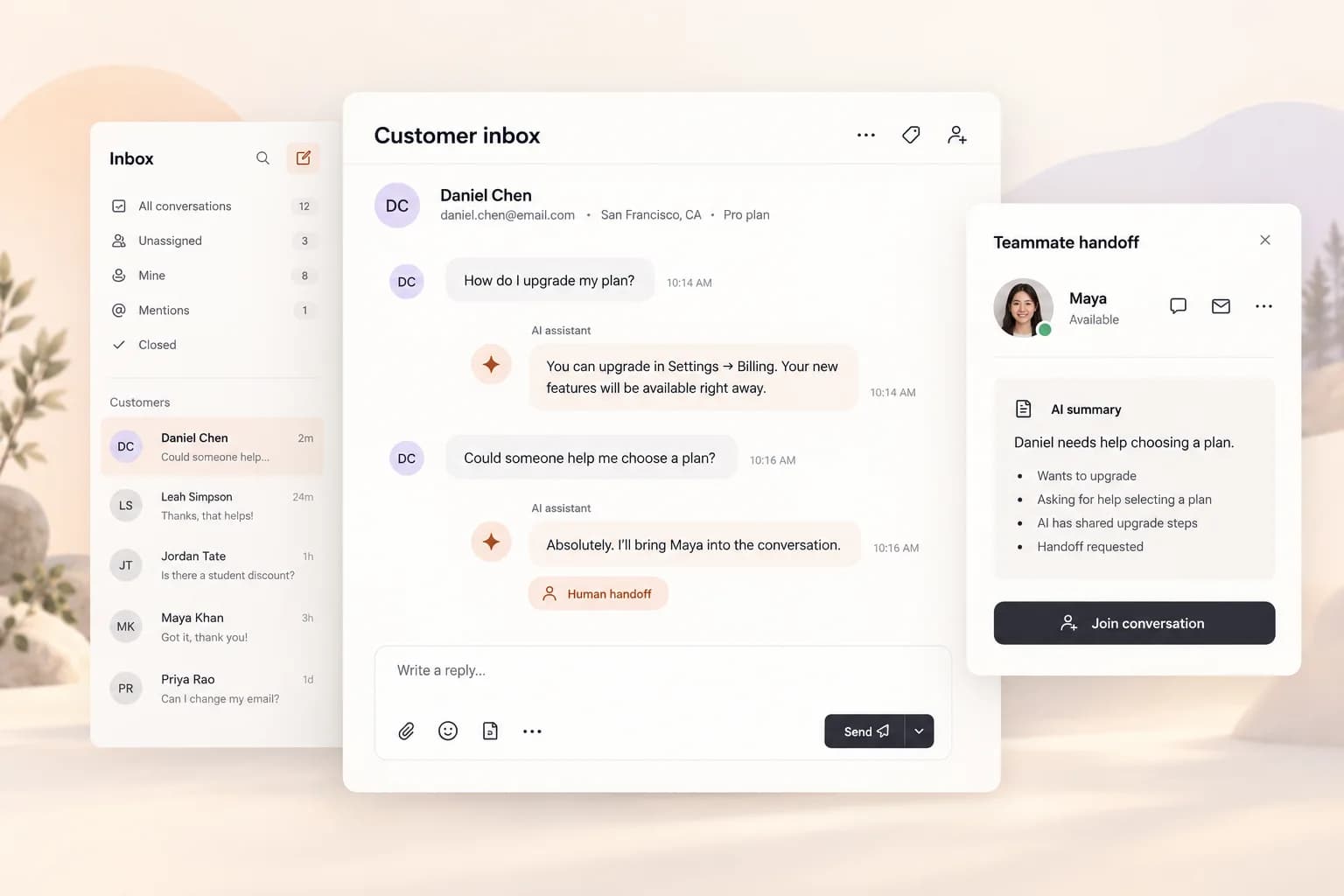 An AI assistant answering customer messages in a business inbox, with a teammate ready to step in