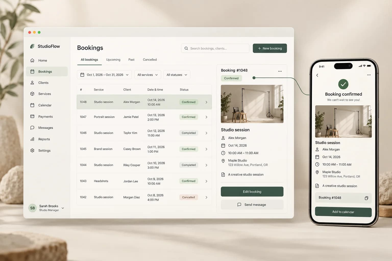 An admin web app and the matching customer mobile app showing the same booking