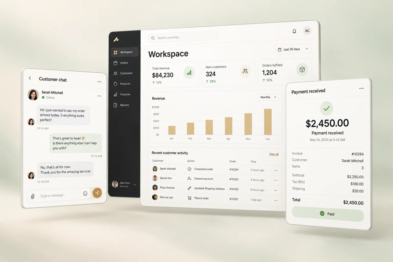 Dashboard, customer chat, and payments windows from one connected business system